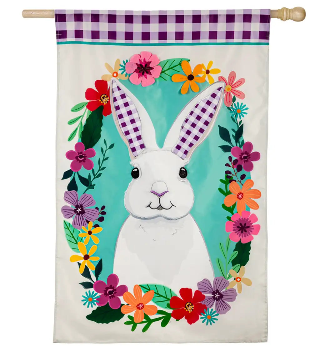 Gingham Bunny House Applique Flag - Easter Spring Home Decor for Garden, Patio, and Front Porch