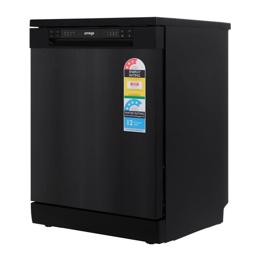 Freestanding Dishwasher 60cm Black Stainless Steel - Omega ODWF6014BX | Compact Kitchen Appliance for Small Homes & Apartments | Energy Efficient Dishwashing Solution
