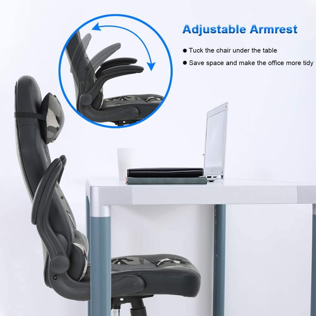 DKELI Ergonomic Gaming Chair - High Back Office Chair with Lumbar Support, Flip-Up Arms & Headrest - PU Leather Computer Desk Chair for Home & Office Use - Perfect for Gaming, Working & Studying
