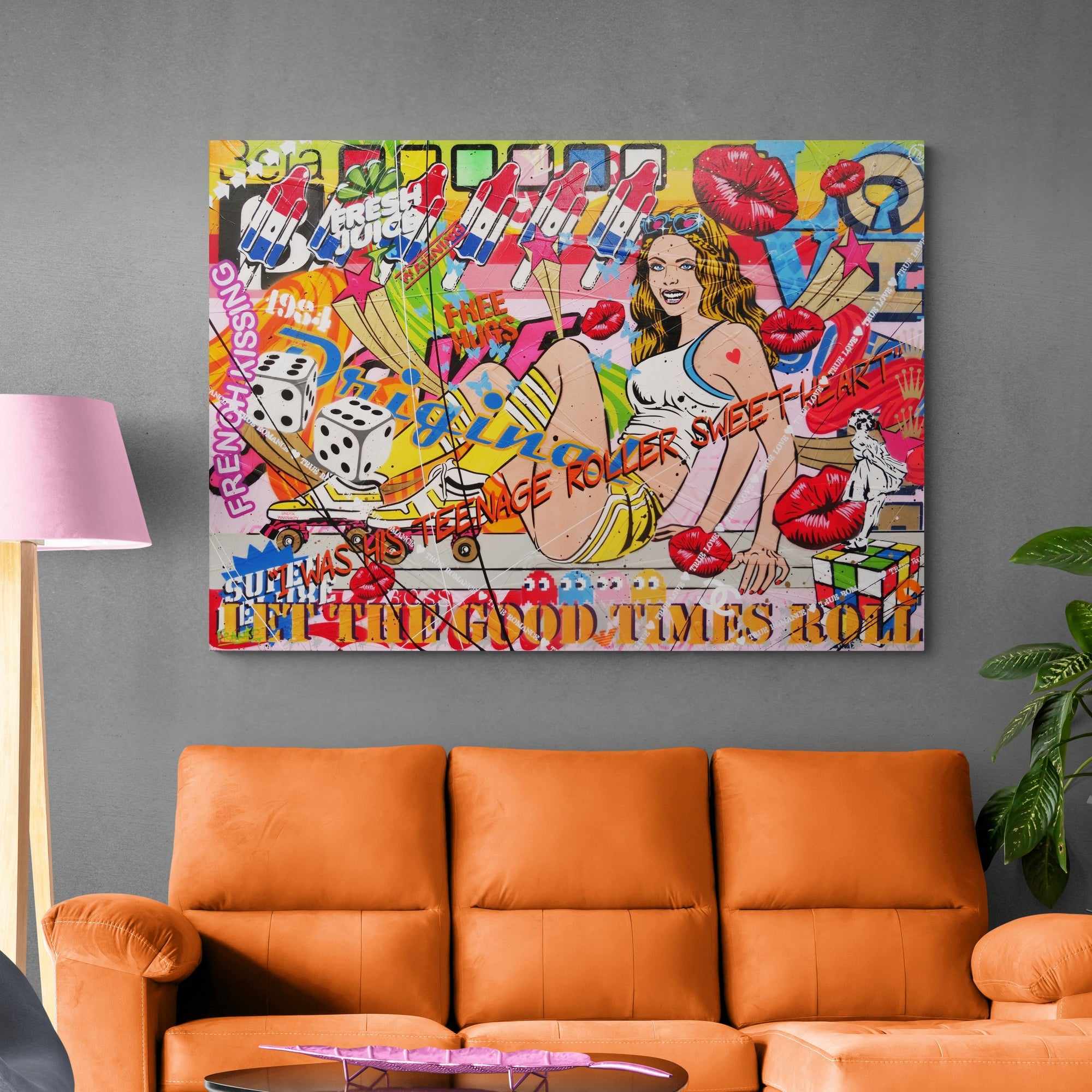 Vibrant Roller Skate Girl Textured Urban Pop Art Painting - 140cm x 100cm Wall Decor for Living Room, Bedroom & Skate Shop