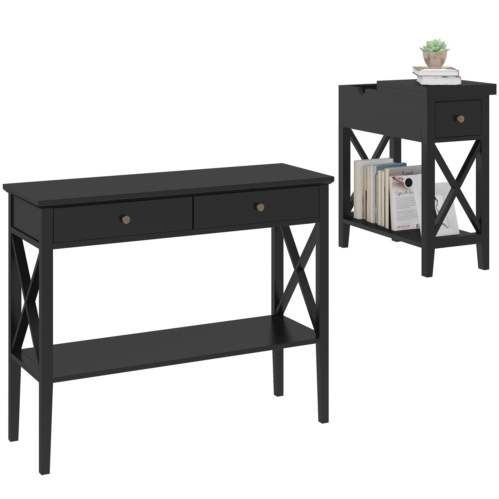 ChooChoo Flip-Top Console Table & End Table Set - Narrow Sofa Table for Entryway, Living Room & Bedroom - Space-Saving Furniture for Small Apartments & Home Decor