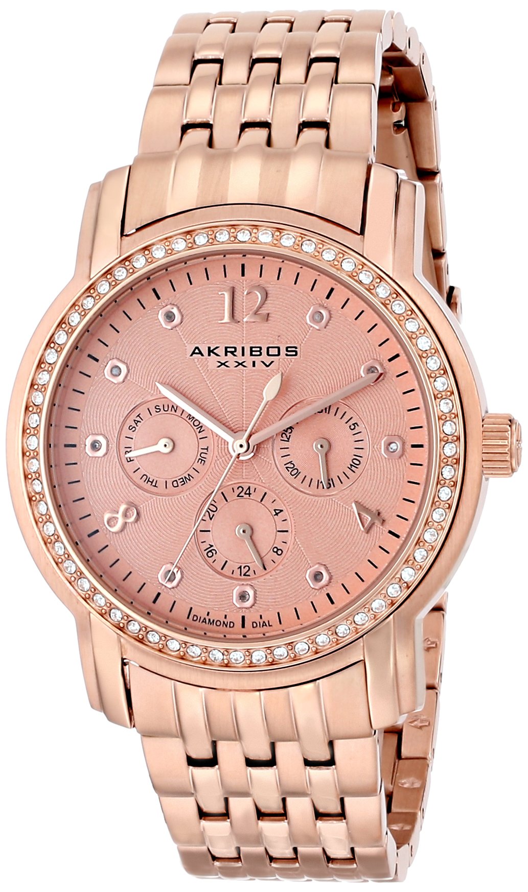Akribos XXIV Women's 'Lady Diamond' Multifunction Watch with Diamond Hour Markers & Crystal Bezel - Stainless Steel Bracelet - Elegant Dress Watch for Women - Perfect for Work, Parties & Special Occasions