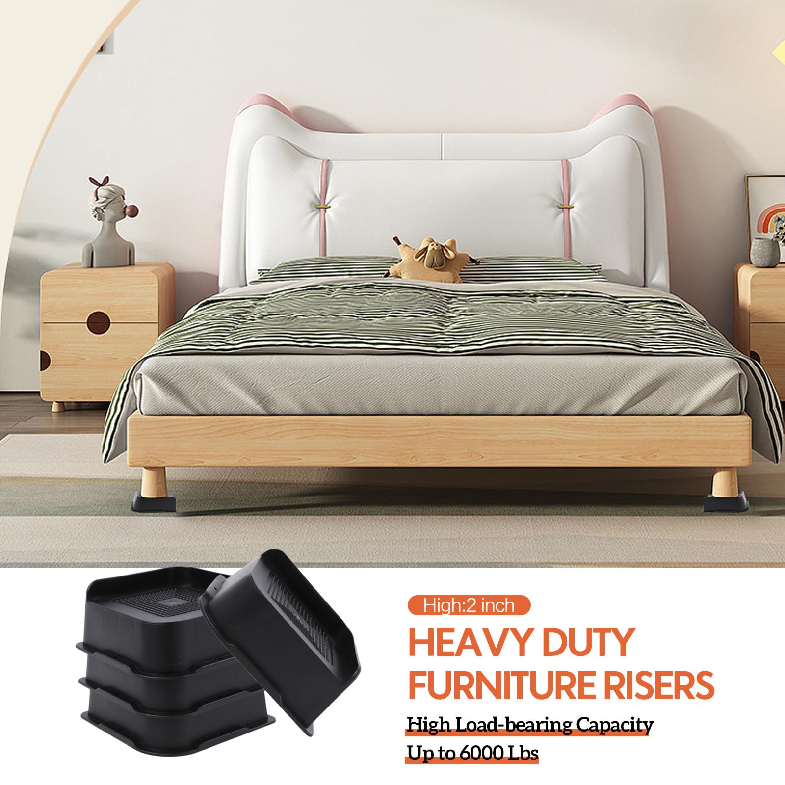 2 Inch Heavy Duty Bed Risers - 4 Pack Black Furniture Lifters for Beds, Couches, Desks & Sofas - Supports Up to 6000 lbs - Perfect for Dorm Rooms, Home Office & Small Space Furniture Elevation