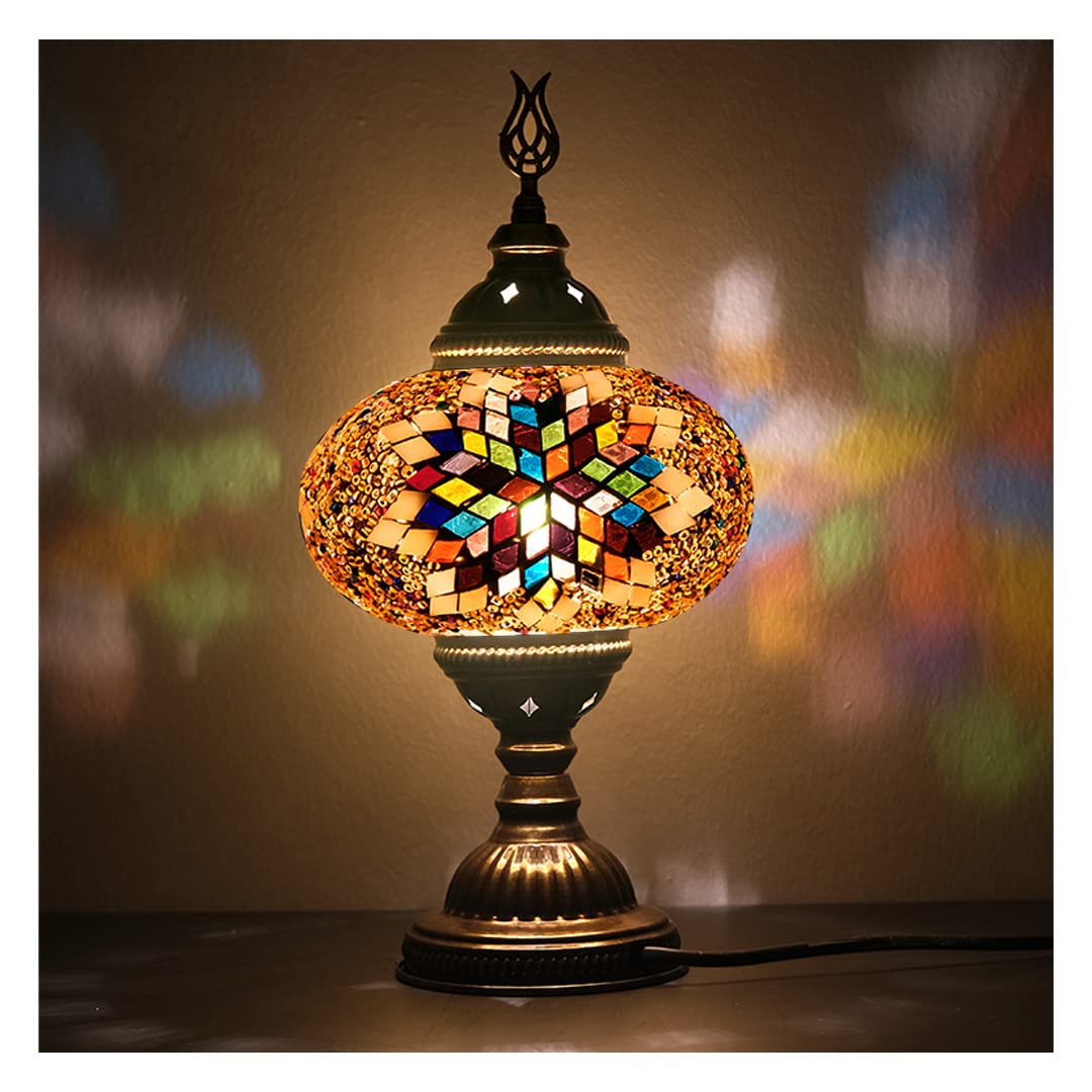 Asylove Turkish Mosaic Table Lamp - 7 Inch Moroccan Glass Globe, Handcrafted Bedside & Desk Lighting, 7x7x16 Inches (Yellow) - Perfect for Living Room, Bedroom, and Office Decor
