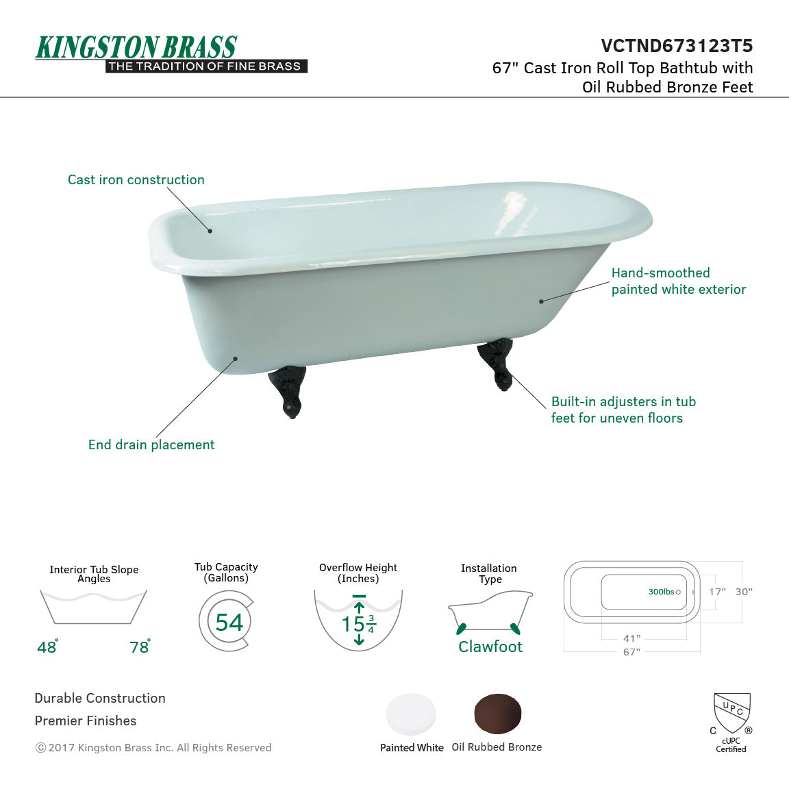 Aqua Eden 67 Inch Clawfoot Bathtub - Cast Iron Oval Roll Top Tub, White with Oil Rubbed Bronze Finish (No Faucet Drillings) | Vintage Style Freestanding Soaking Tub for Bathroom, Spa, Luxury Home Decor