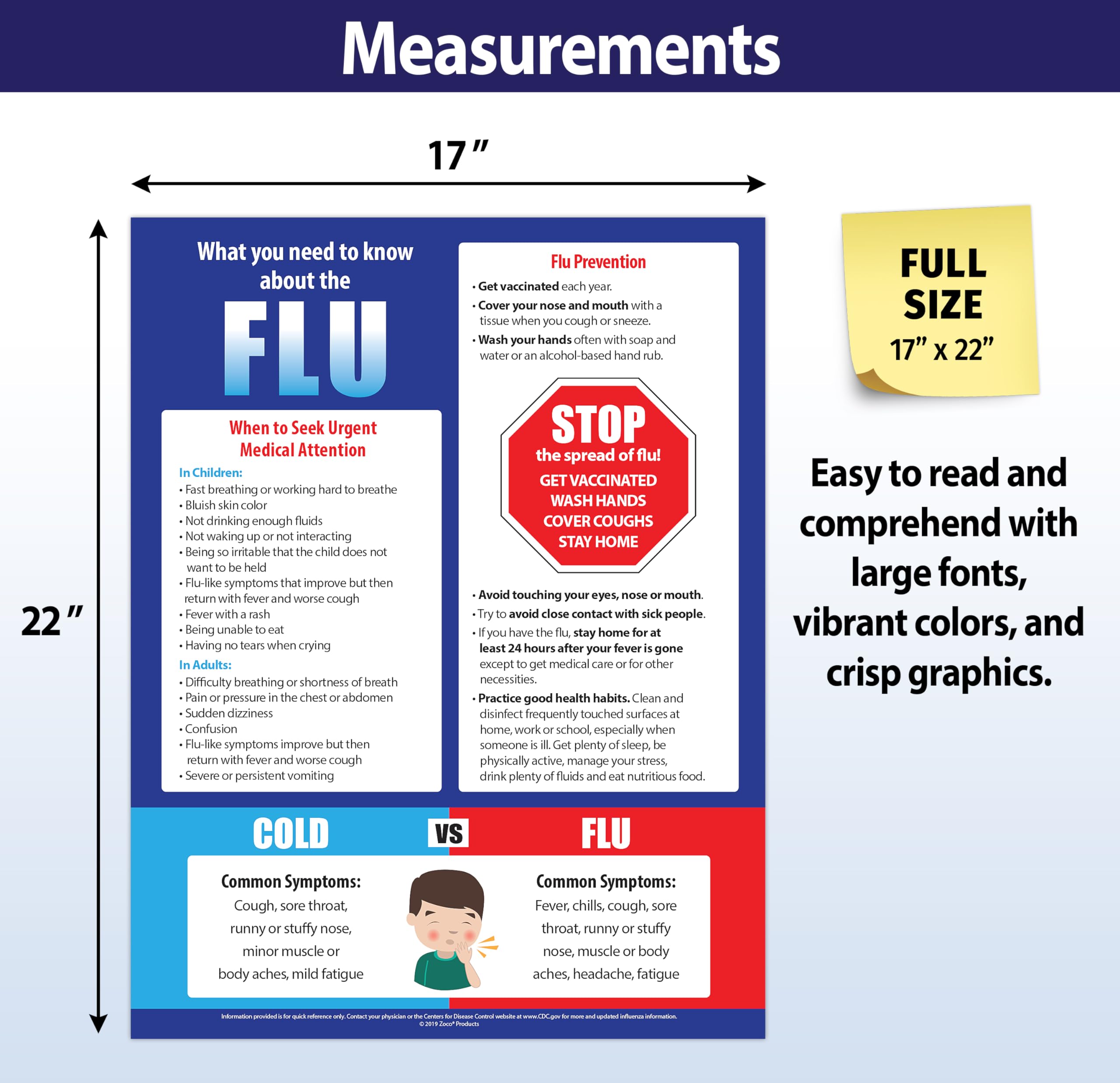 20 Pack Flu Prevention Posters - Flu vs Cold Symptoms Chart - Laminated School Nurse Office Decor - Public Health Education Posters 17 x 22 Inches - Perfect for Classrooms, Hospitals & Workplace Health Awareness