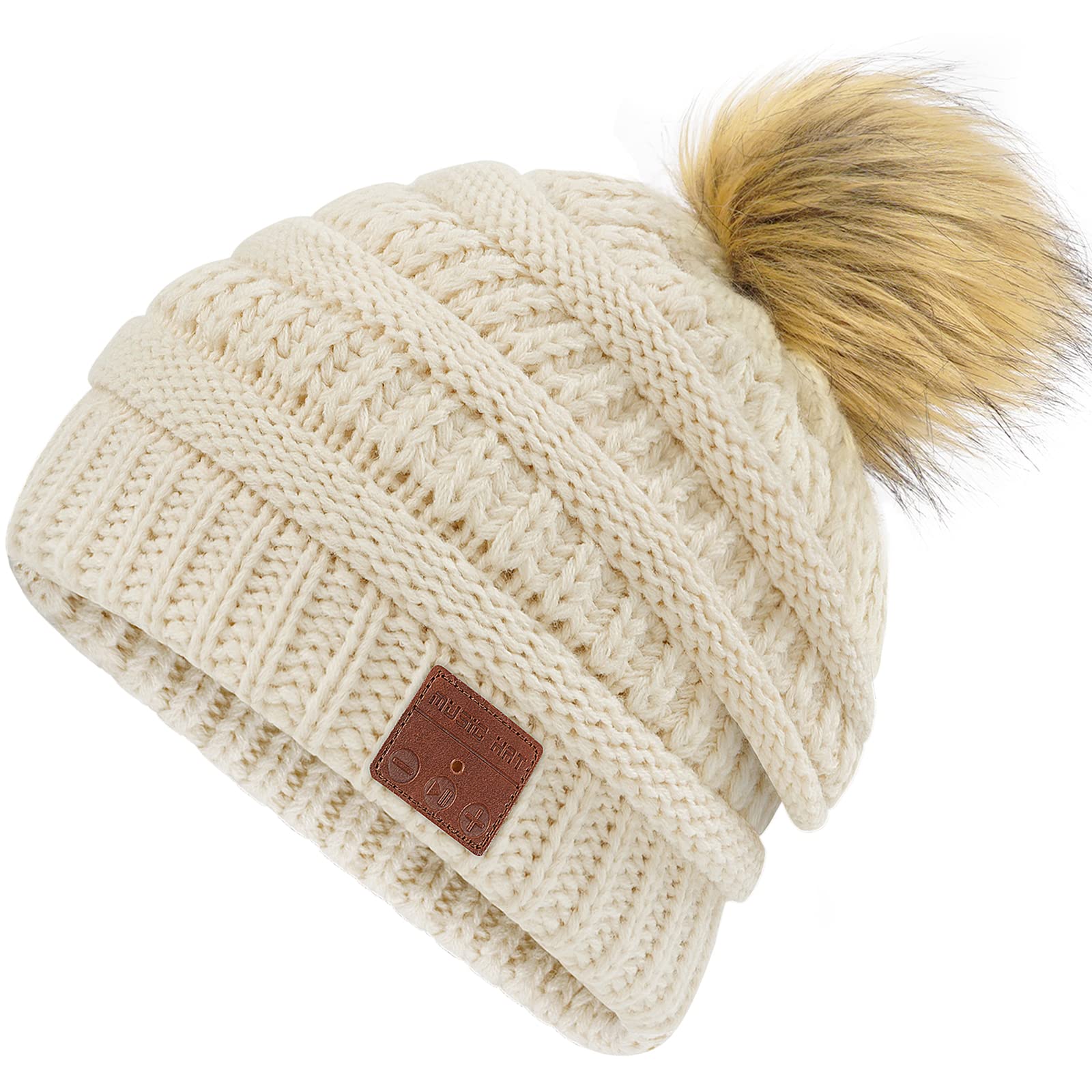 Deegotech Women's Beanie with Pom Pom & Bluetooth 5.0 Wireless Headphones - Soft Winter Hat with Built-in Speakers, Perfect Music Gift for Wife, Girlfriend, Teens - Great for Running, Skiing, Commuting (Beige)