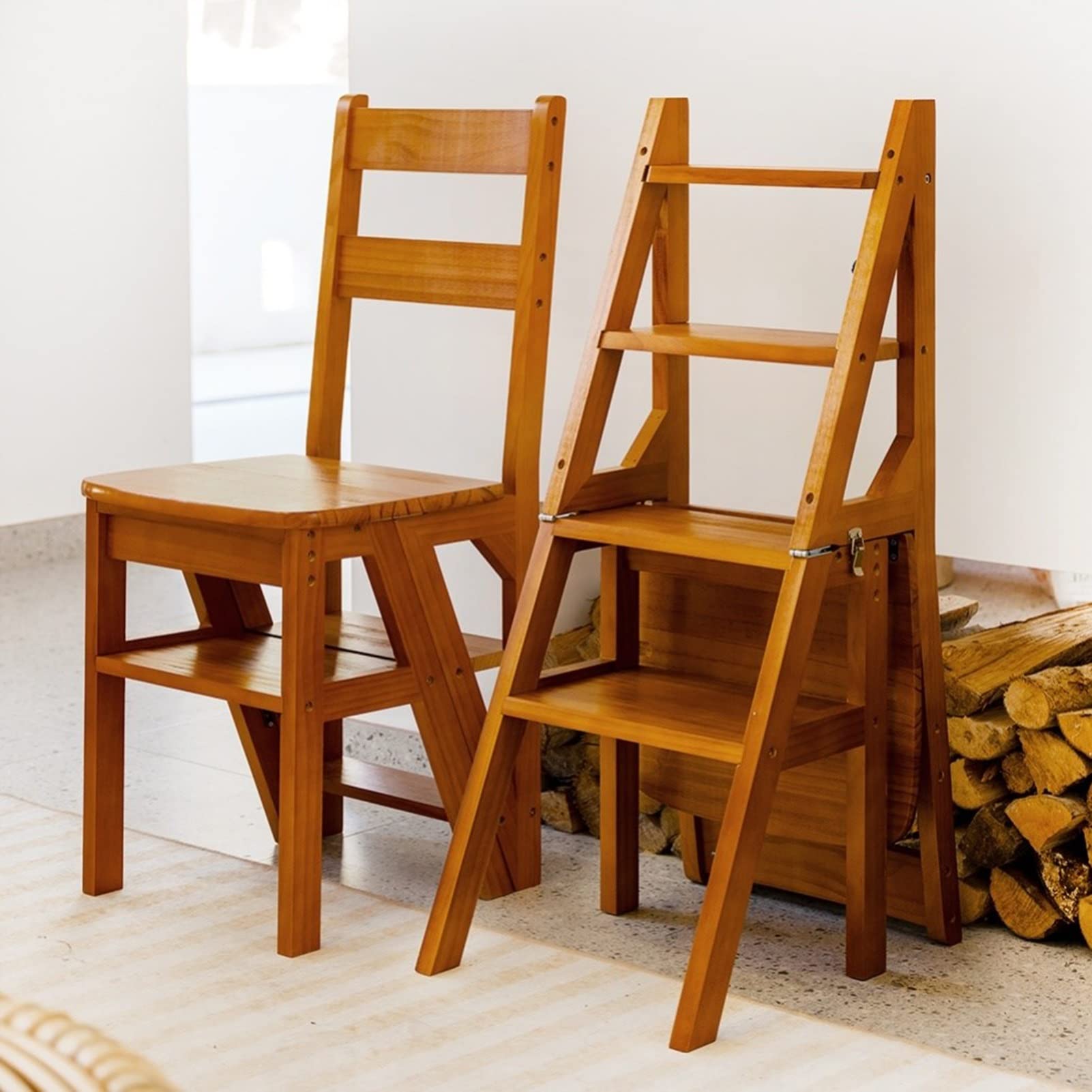 4 Step Folding Wooden Ladder Chair - Portable Stepladder for Home, Library & Closet | Multi-Functional as Shoe Bench, Flower Stand & Foot Stool | Space-Saving Storage Solution for Small Spaces