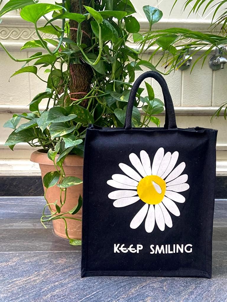 Eco-Friendly Jute Tote Bag with Zipper - Multipurpose Grocery/Shopping/Tiffin Bag for Men & Women - Trendy Flower Print Handbag (Black) | Perfect for Farmers Markets, Beach Trips & Sustainable Lifestyle