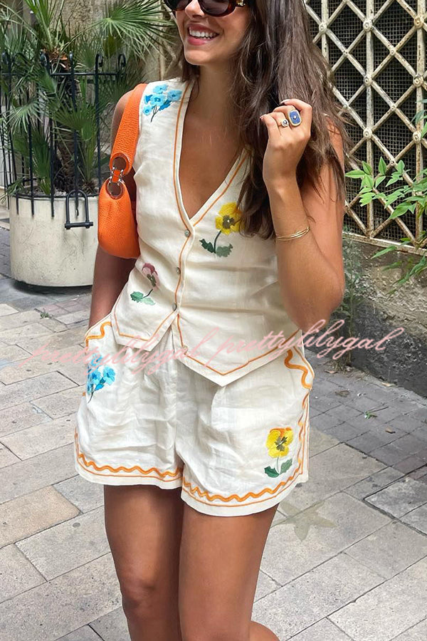 Stylish Summer Flower Printed Linen Blend Vest & Elastic Waist Shorts Set with Pockets - Casual Outfit for Beach Vacation, Picnic, and Summer Fashion