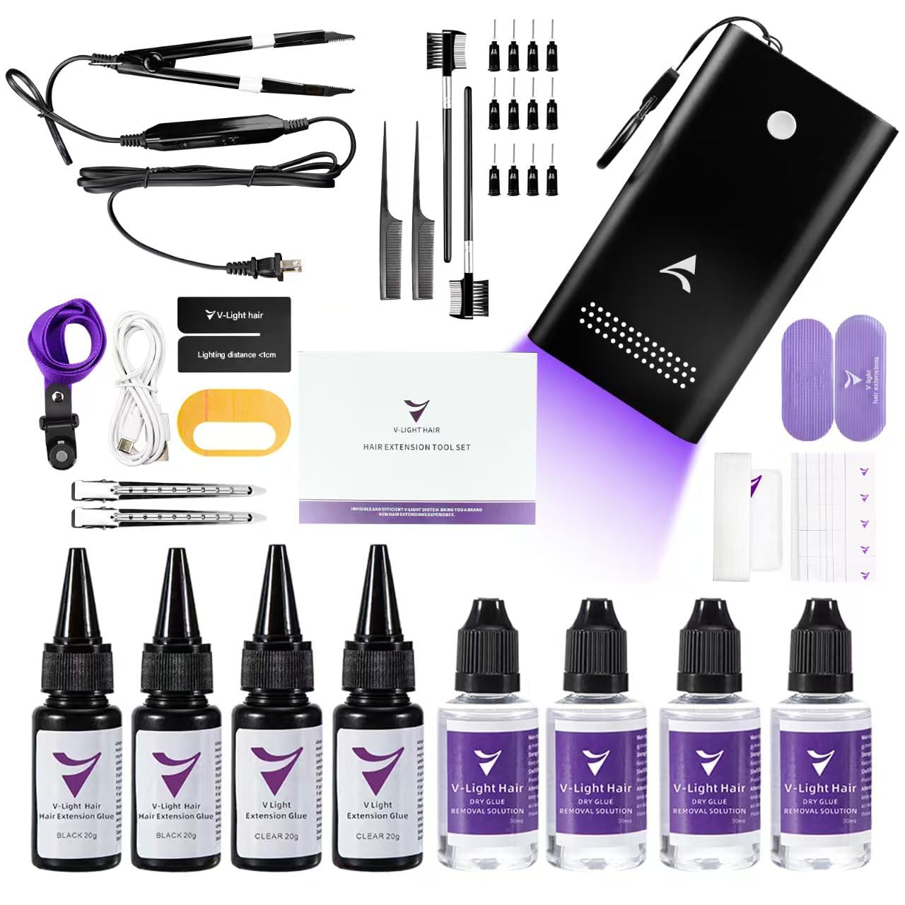 Professional V Light Hair Extensions Kit - Includes UV Lamp, Remover Machine, Glue & Remover Solution (4 Pack Each) | Perfect for Salon Styling, DIY Hair Extensions & At-Home Hair Care