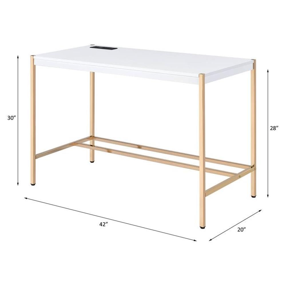 Acme Midriaks White and Gold Wooden Writing Desk with USB Port - Perfect for Home Office, Study Room & Small Spaces