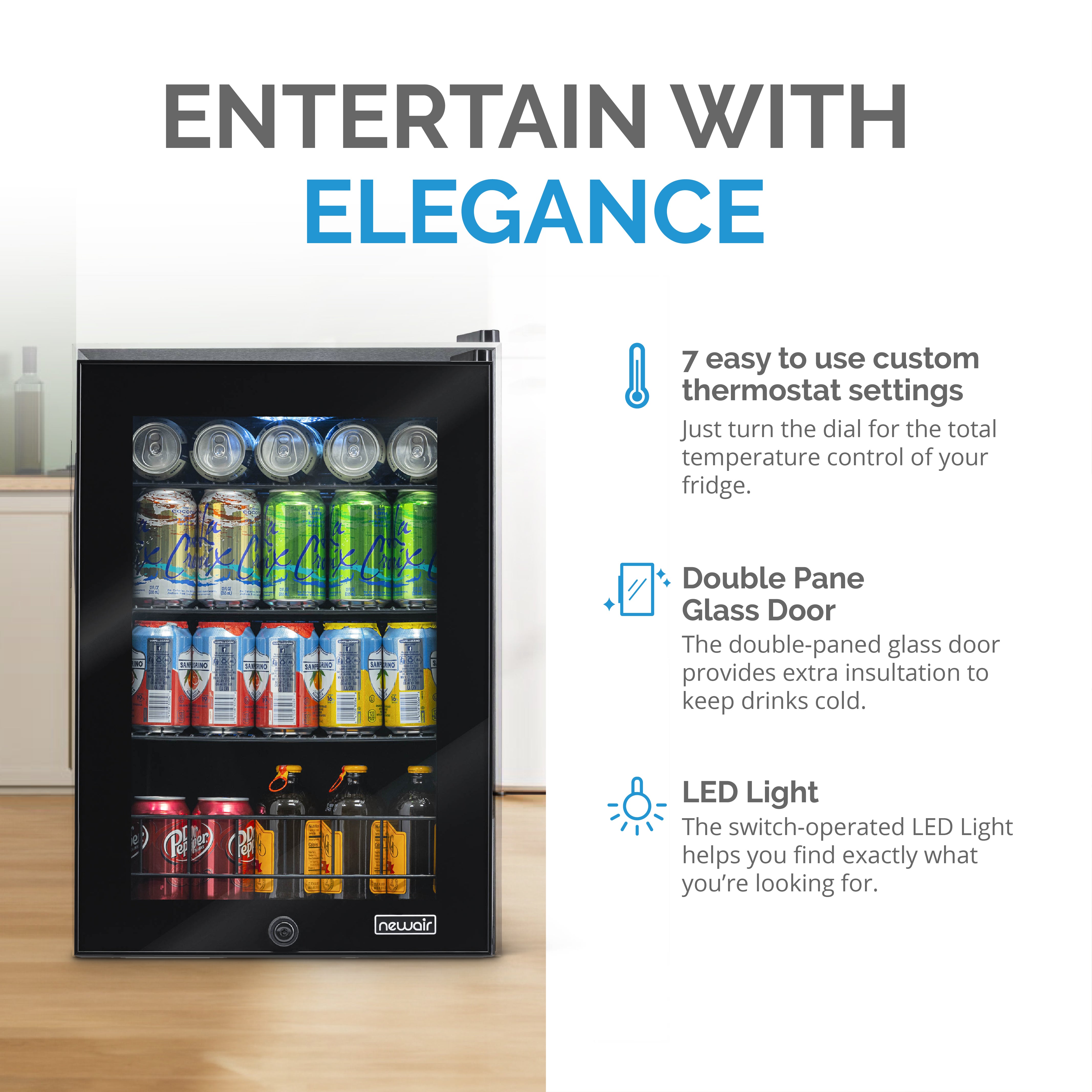 Newair® 90 Can Freestanding Black Beverage Refrigerator - Compact Drink Cooler for Home, Office, or Bar - Perfect for Soda, Beer, and Wine Storage
