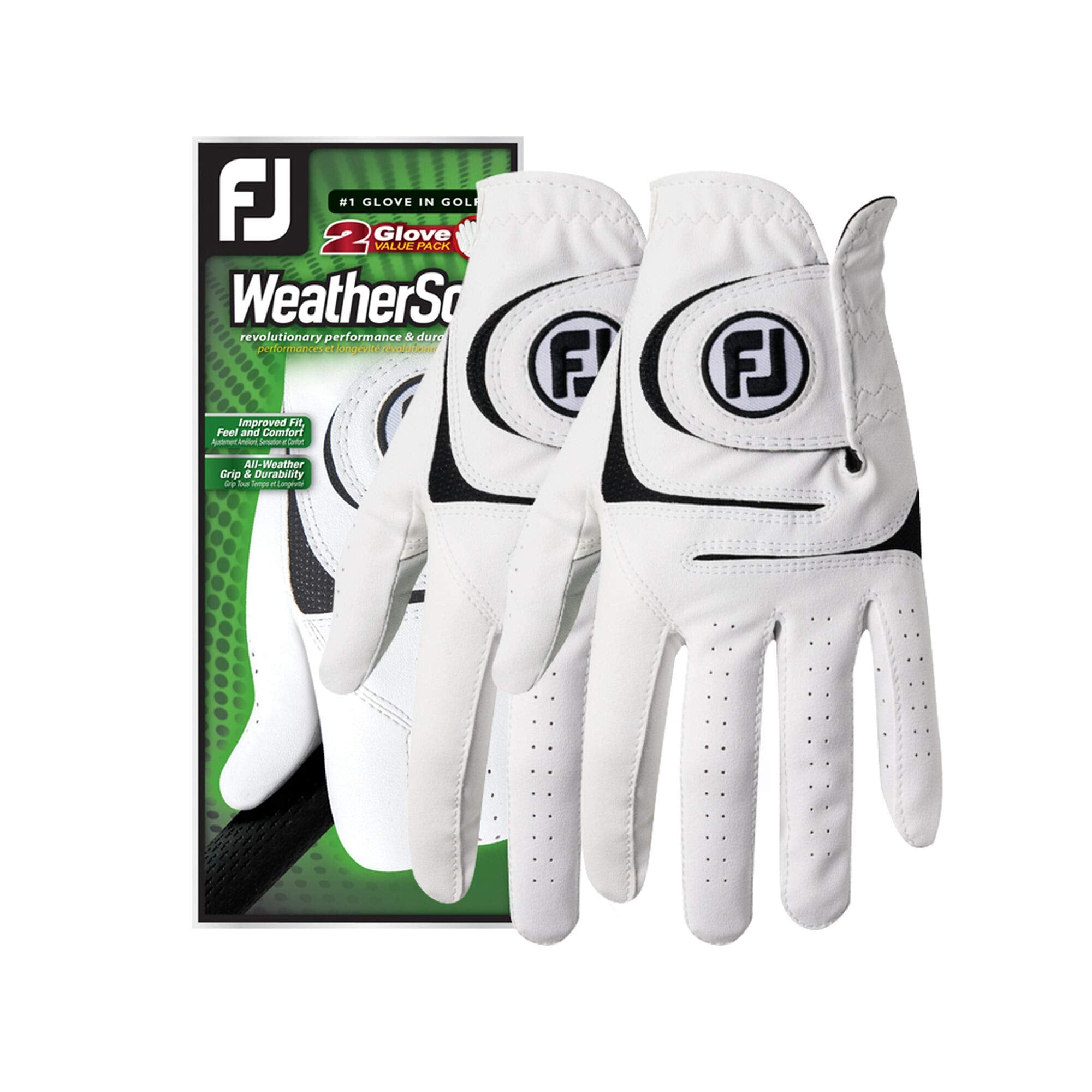 FootJoy Men's WeatherSof 2-Pack Golf Gloves - White, Cadet Large, Left Hand | Premium Comfort & Grip for Golfers | Perfect for Driving Range & Tournament Play