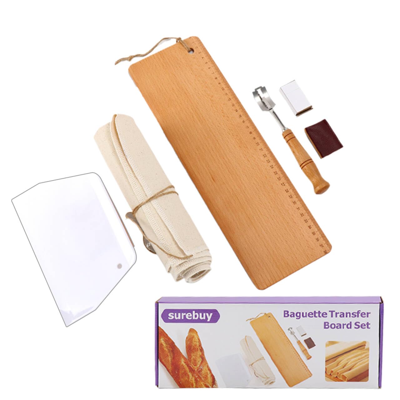 38cm Baguette Transfer Peel - Premium Solid Hardwood Baking Board for French Bread - Durable Professional Baker's Tool with Dough Lame, 2 Couche & Scrapers - Perfect for Artisan Bread Baking, Pizza Making & Pastry Prep