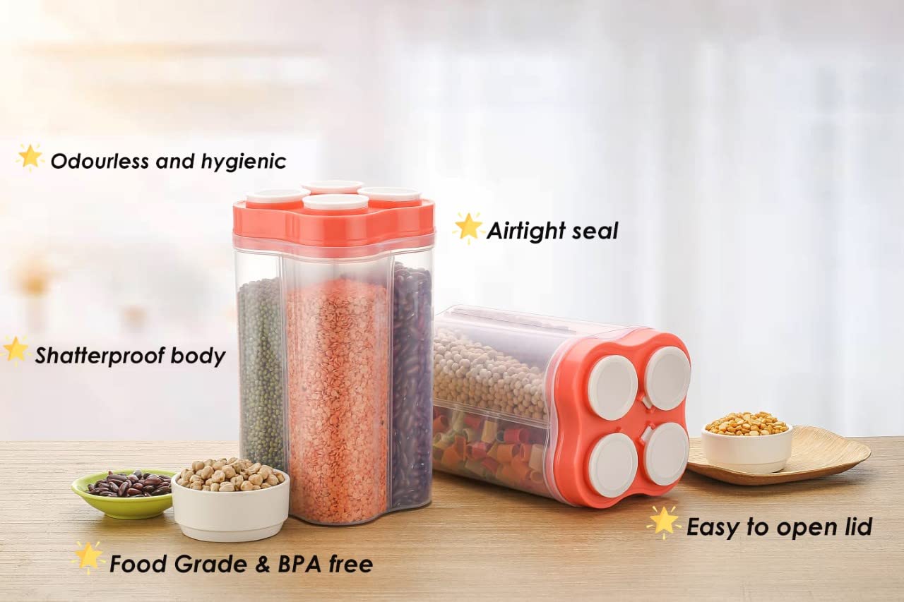 Tosaa 2500ML Airtight Transparent Plastic Lock Food Storage Container - 4 Section BPA-Free Kitchen Jar for Grocery, Fridge, Pantry Organization (Pack of 1, Orange) | Perfect for Meal Prep, Snack Storage & Leftovers