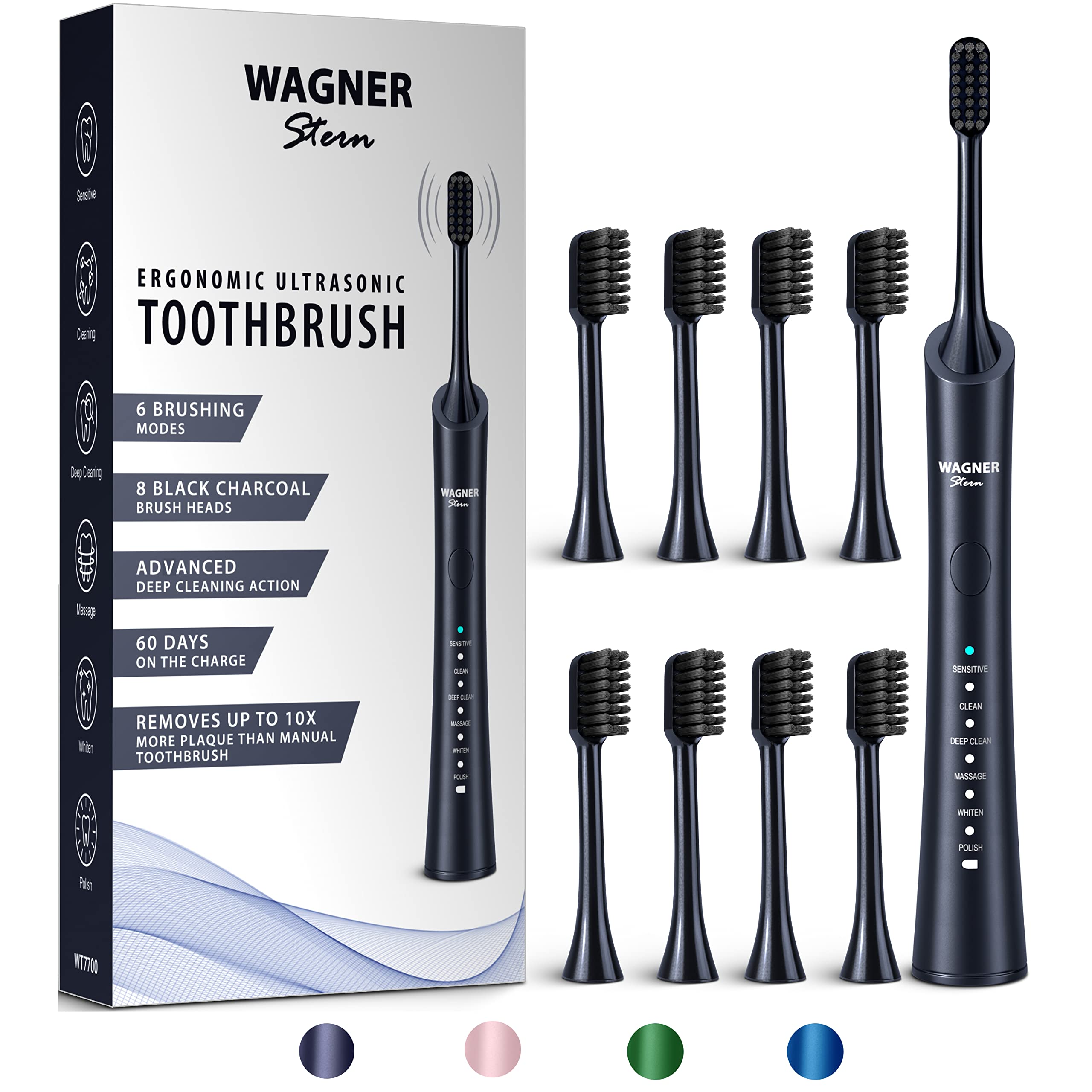 Wagner Stern Ultrasonic Whitening Electric Toothbrush with 8 Charcoal Black Brush Heads - Fresh Breath & Healthy Smile - Perfect for Travel, Home, and Daily Oral Care (Charcoal)