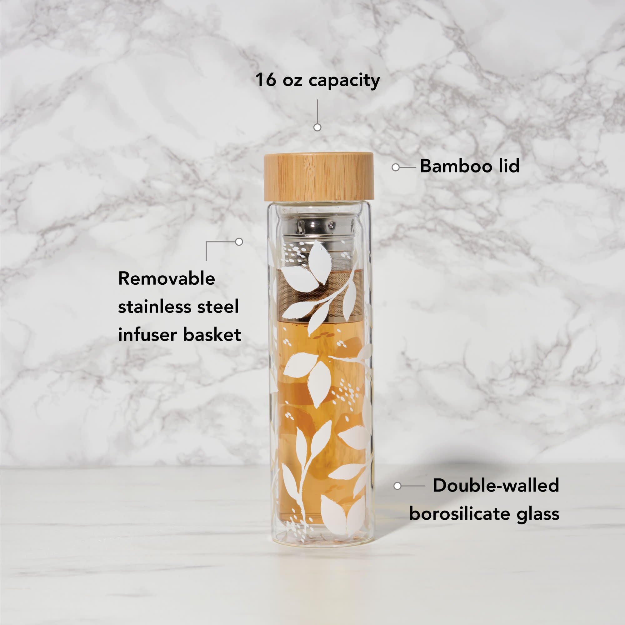 Premium White Leaf Pattern Glass Travel Infuser Mug - 16oz Leak-Proof Tea & Coffee Tumbler with Stainless Steel Filter - Perfect for Office, Commuting & Outdoor Adventures