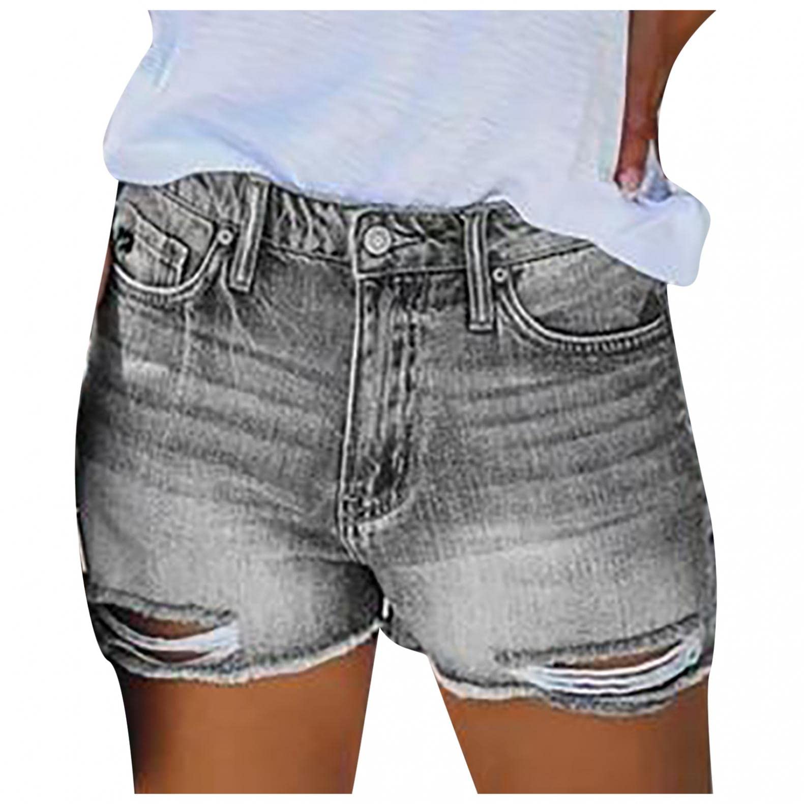 Women's Denim Shorts - Summer Casual Mid Waist Stretch Jeans with Frayed Raw Hem | Perfect for Beach, Shopping & Outdoor Activities