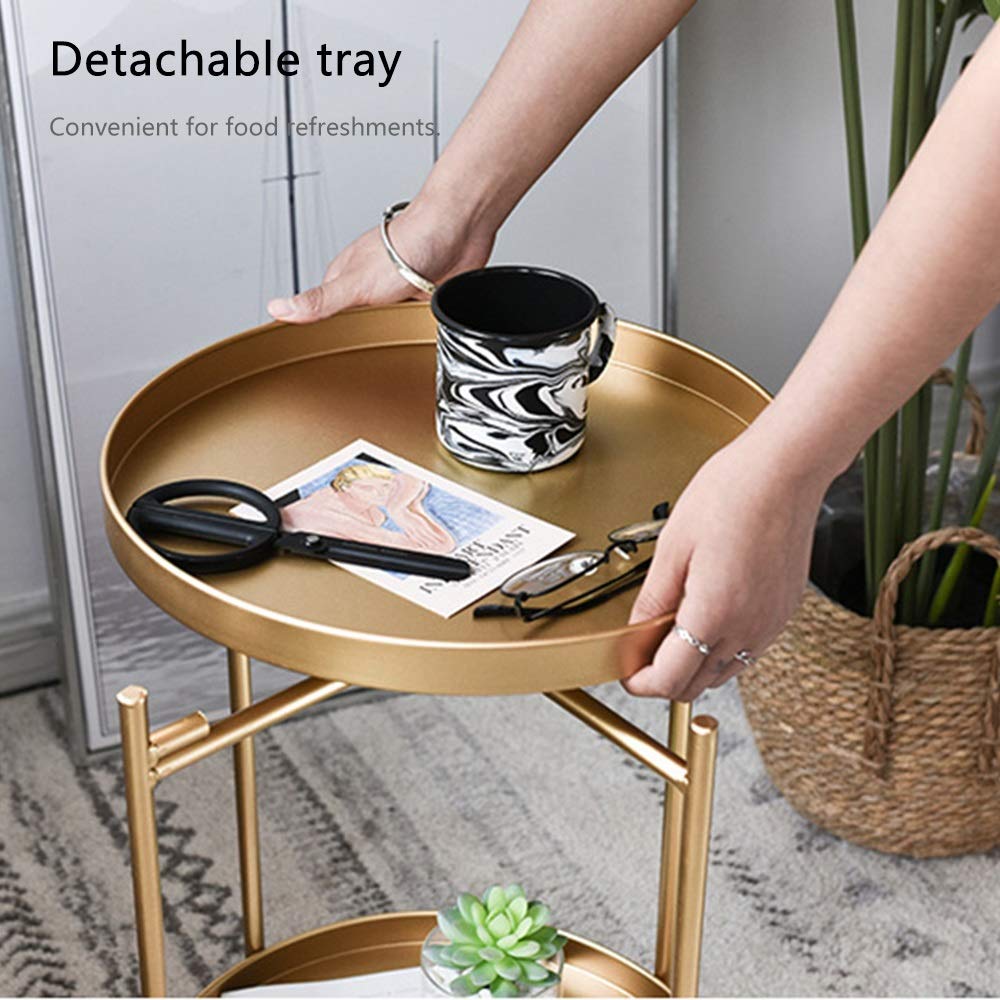 Mini Round Iron Side Table with Detachable Tray - 2-Tier Open Storage Coffee Table for Living Room, Bedroom & Balcony - Perfect for Snacks, Books & Decor (White)