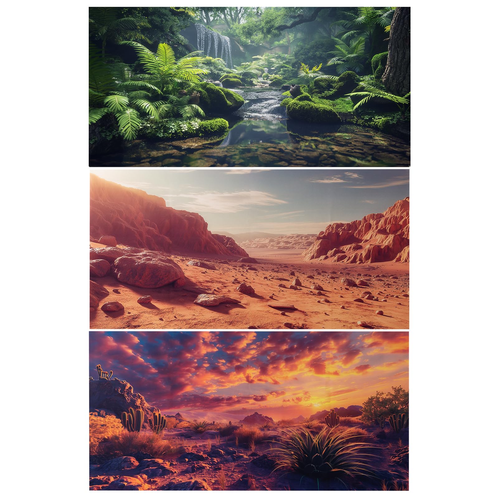 3 Pack Terrarium Background for Reptile Tanks - 36x18 Inches Polyester Cloth with Gobi Sunshine Cactus & Green Tree Fern Stream Design - Perfect for Bearded Dragon, Gecko, Snake Habitats and Terrarium Decoration