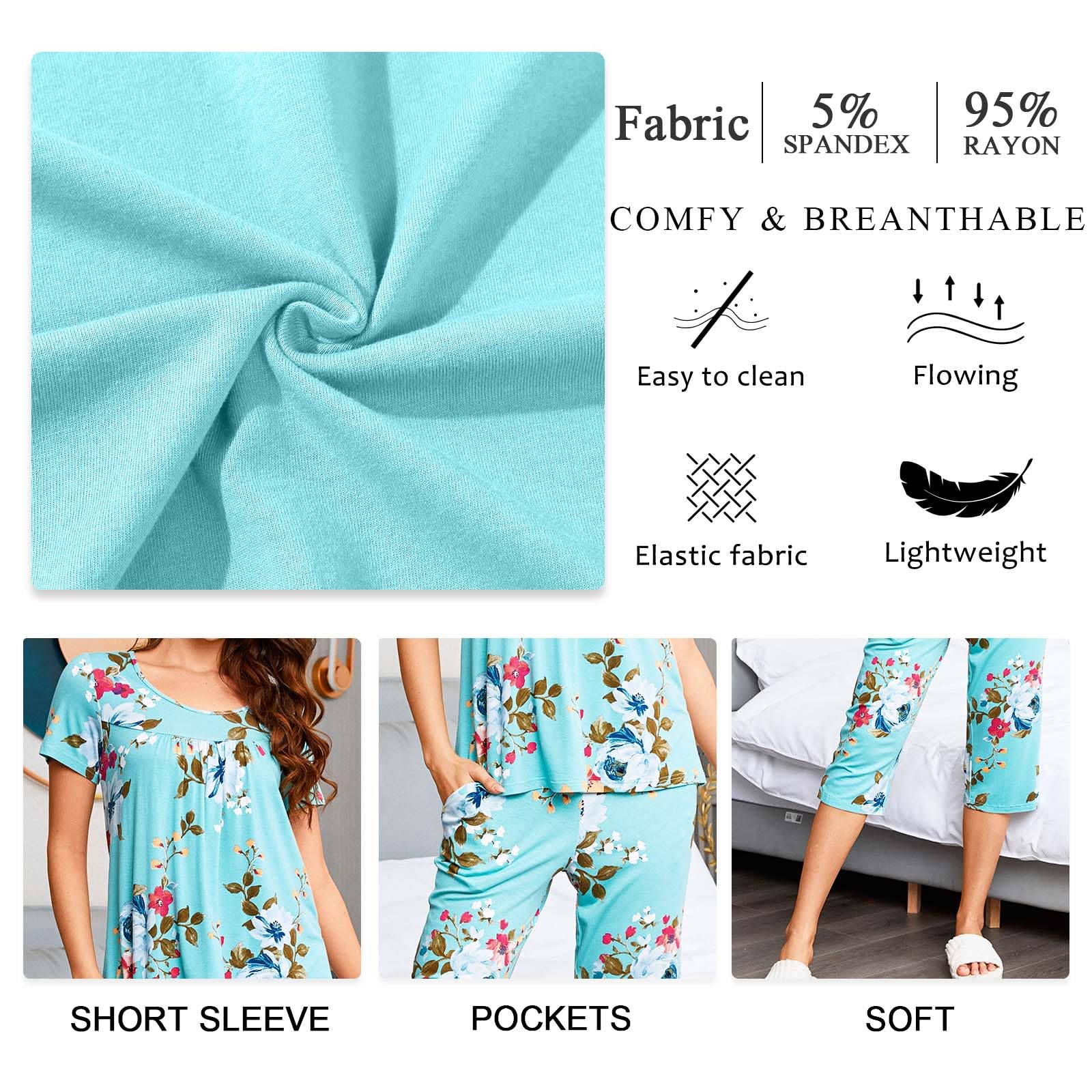 TAOHUADAO Women's Summer Pajama Sets - Soft Casual Sleepwear & Lounge Wear with Pockets - Comfortable Short Sleeve PJs for Nightwear, Home Relaxing, and Vacation