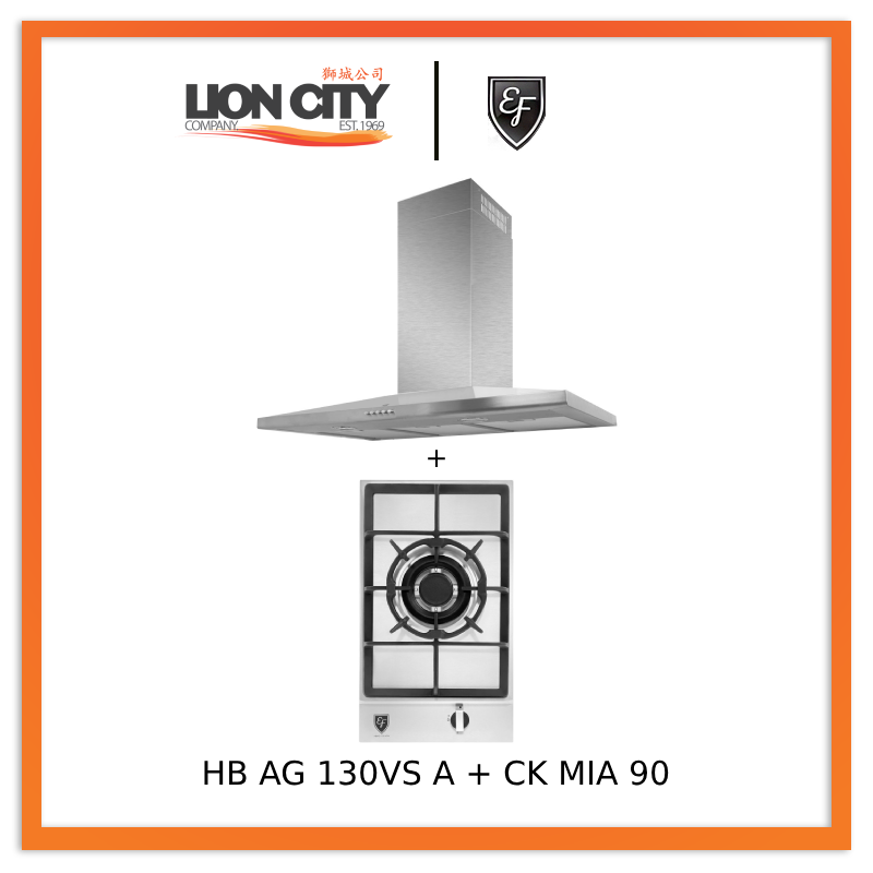 EF CK Mia 90 90cm Stainless Steel Chimney Hood with EF HB AG 130VS A 30cm Built-In Gas Hob - Professional Kitchen Ventilation & Cooking Solution for Home Chefs