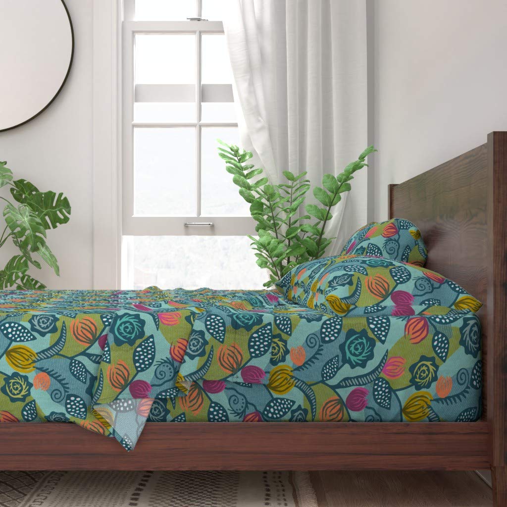 100% Cotton Twin Sheet Set 3pc - Colorful Climbers Bright Teal Vines Midcentury Modern Floral Blue Print Custom Bedding | Soft Breathable Sheets for Kids Room, Guest Bedroom & Dorm Decor