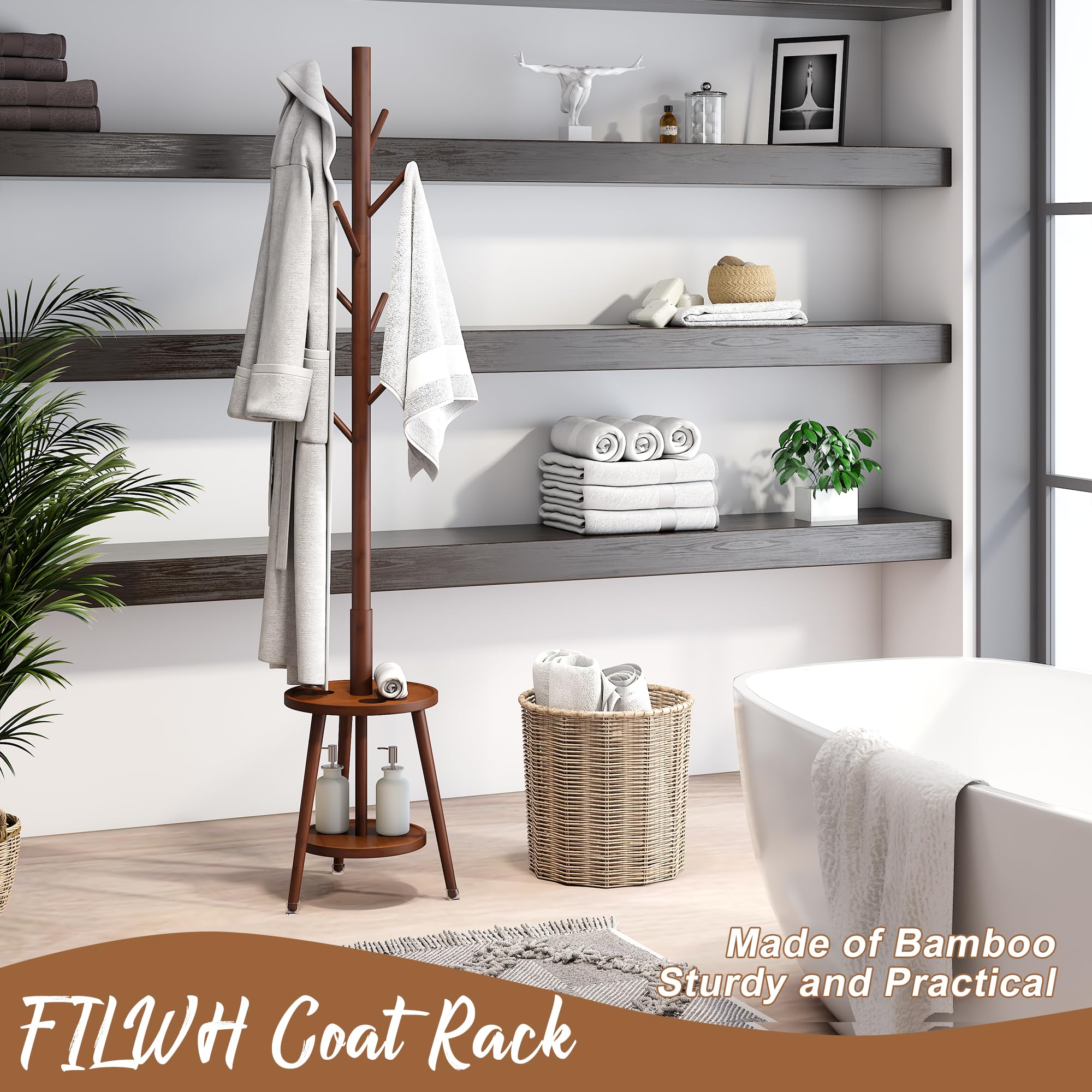 Freestanding Bamboo Coat Rack with 8 Hooks & Umbrella Tray - Space Saving Entryway Organizer for Coats, Bags, Hats & Accessories - Perfect for Hallway, Bedroom or Office Storage (Brown)