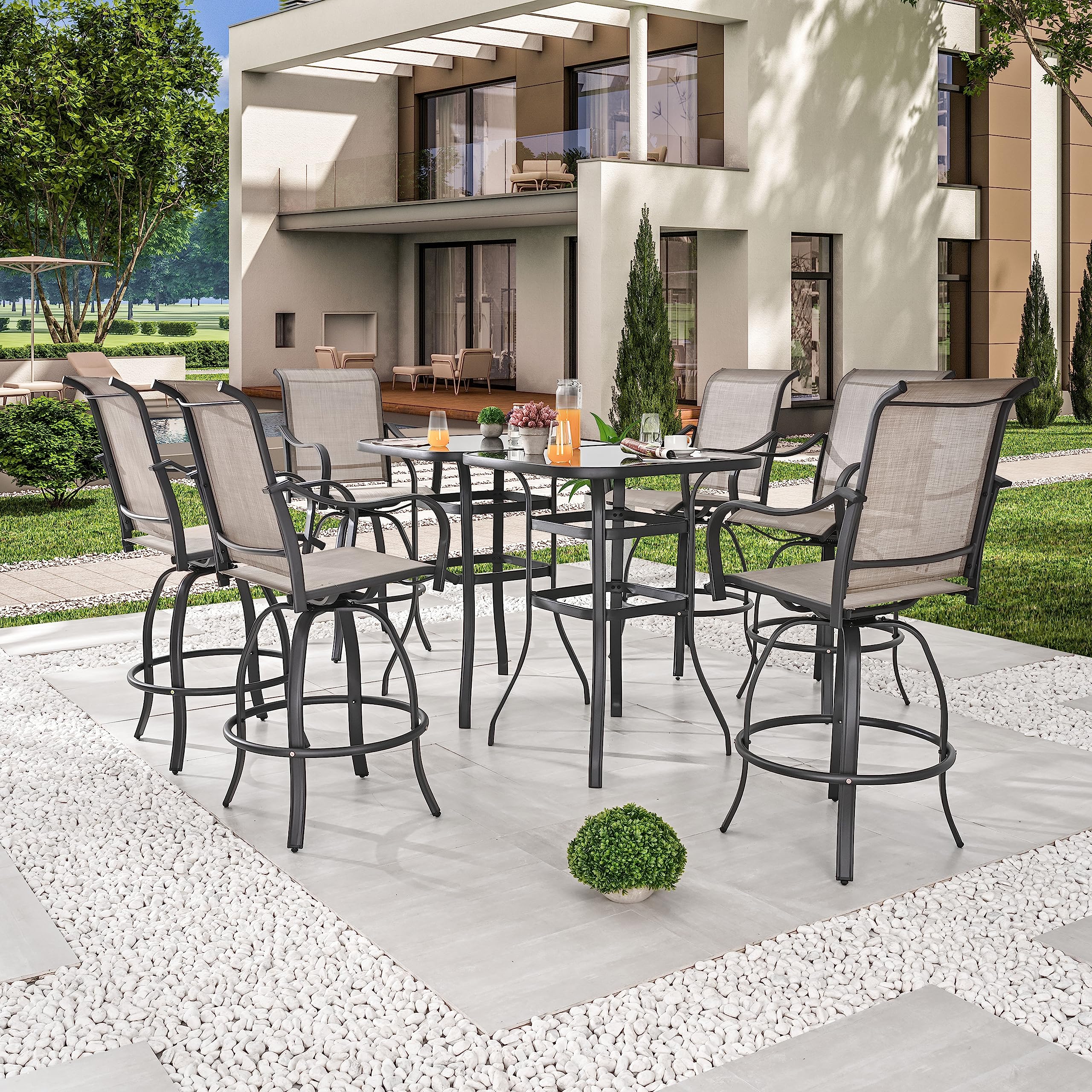 8-Piece Outdoor Patio Swivel Bar Stool Set with 2 Glass Top Tables - All-Weather Bistro Height Dining Chairs for Backyard, Deck, Poolside & Garden (Grey) - Perfect for Entertaining, Lounging & Outdoor Dining