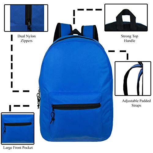 15 Classic Basic Backpacks in 6 Colors - Bulk Pack of 24 School Bags for Students, Travel & Everyday Use
