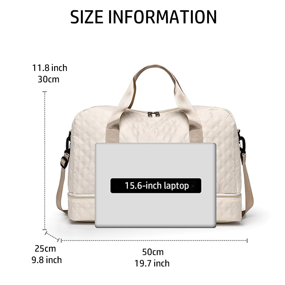 Premium Travel Duffel Bag for Men & Women with Shoe Compartment - Waterproof Carry-On Gym Bag for Fitness, Sports & Weekend Trips - Lightweight Off-White Travel Gear for Airplane, Camping & Workout