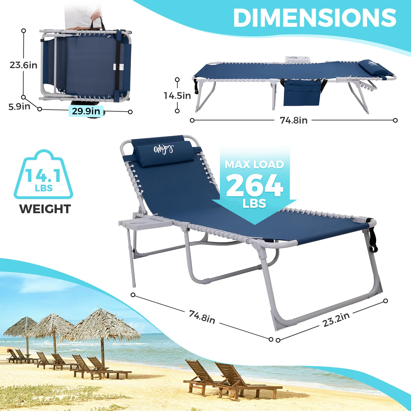WEJOY 5-Position Adjustable Folding Chaise Lounge Chair with Side Table & Pillow - Heavy Duty Outdoor Recliner for Patio, Beach, Poolside - Includes Side Pocket & Shoulder Strap for Sunbathing, Relaxing, Camping, Backyard Lounging