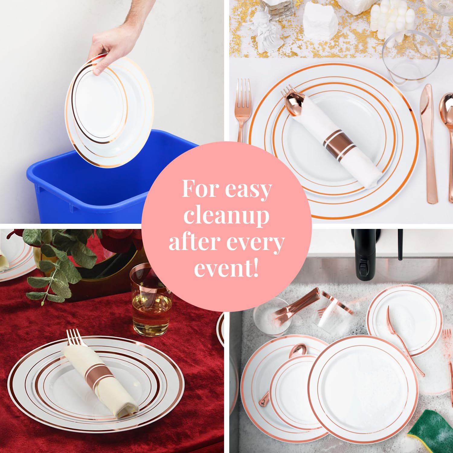 Prestee Rose Gold Disposable Dinnerware Set - 350-Piece Plastic Party Tableware for 50 Guests, Includes Plates, Cups, Forks, Knives & Spoons - Perfect for Weddings, Baby Showers, Birthday Parties & Outdoor Dining Events