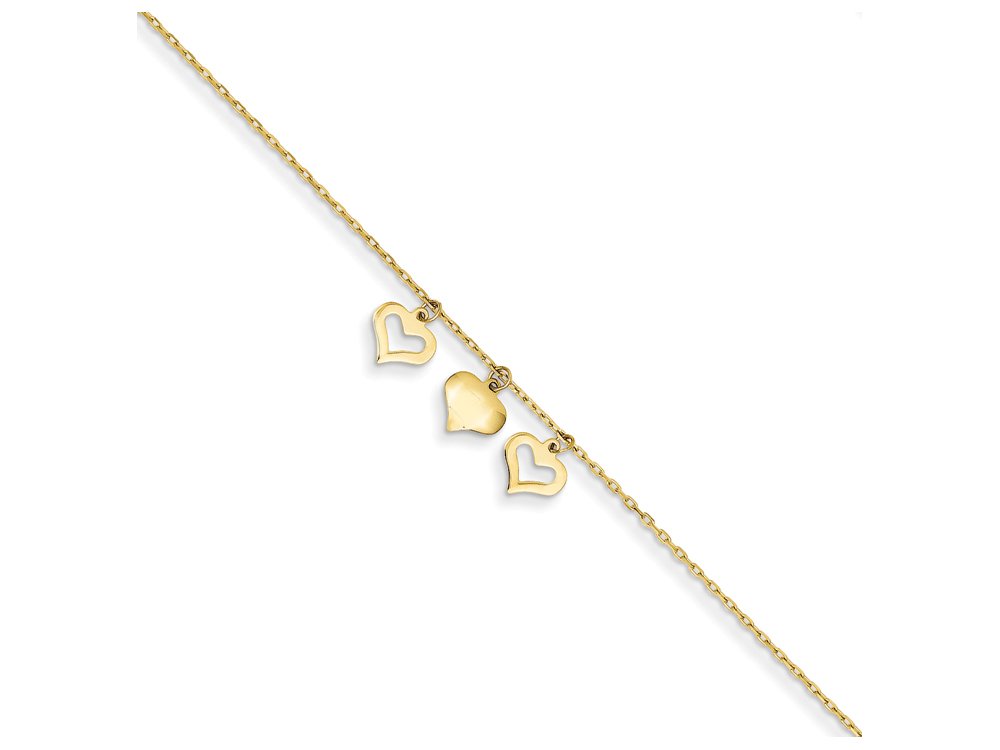 FJC Finejewelers 10 Inch 14k Yellow Gold 3 Hearts Anklet with 1 Inch Extension - Elegant Ankle Bracelet for Women, Perfect for Weddings, Parties & Everyday Wear