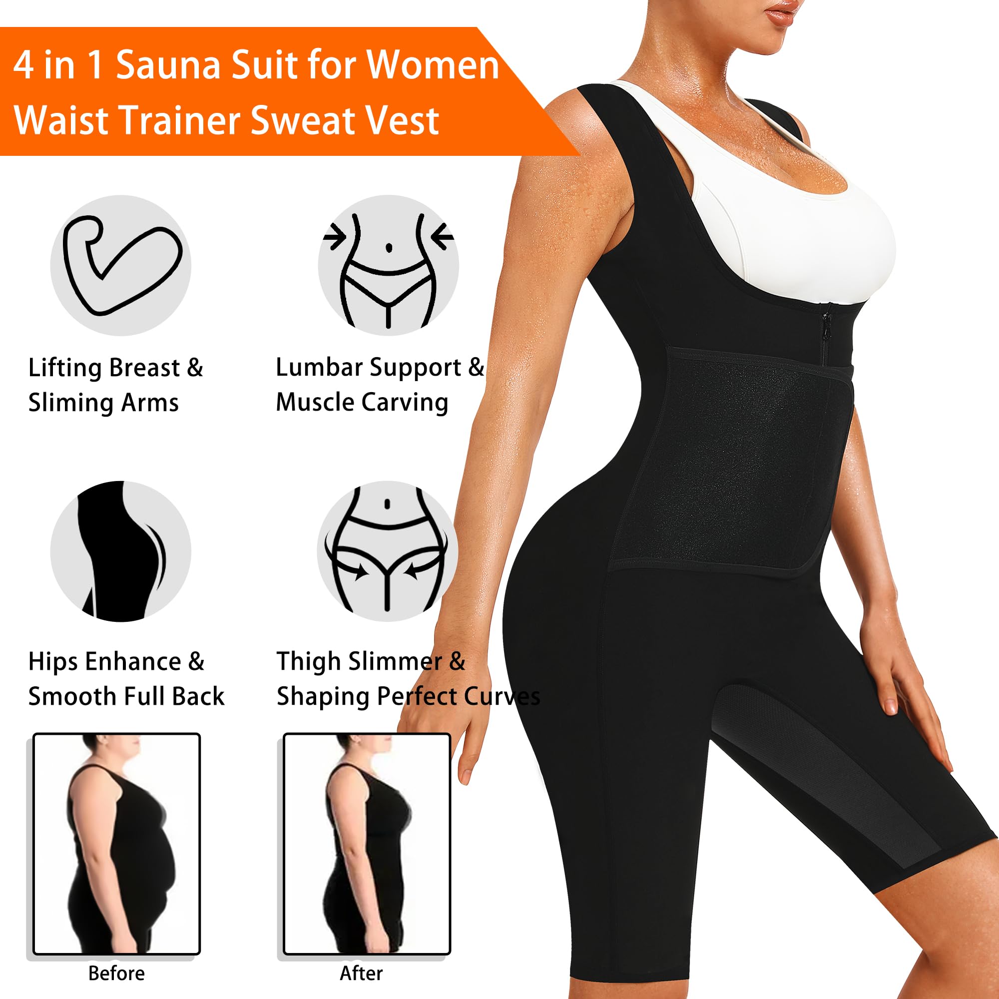 Women's Full Body Sauna Suit - Waist Trainer Vest & Workout Sweat Suit for Weight Loss - Sauna Jumpsuit for Women - Slimming Body Shaper for Gym, Running & Detox - Perfect for Home Workouts & Sauna Sessions