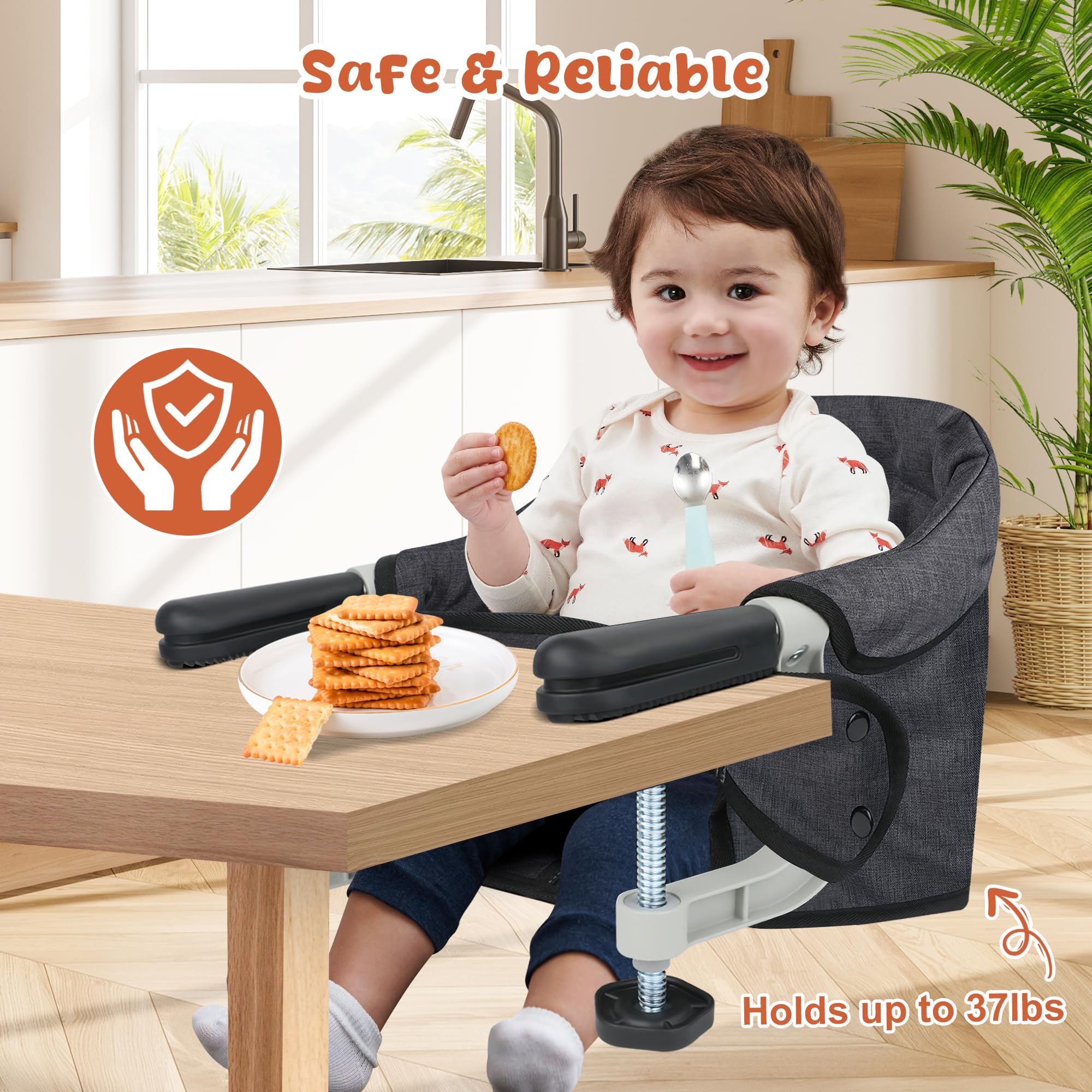 **Jozzve Hook On High Chair - Portable & Foldable Baby Feeding Seat with Storage Bag - Travel & Home Use - Ideal for Dining, Restaurants & Outdoor Activities (Black)**