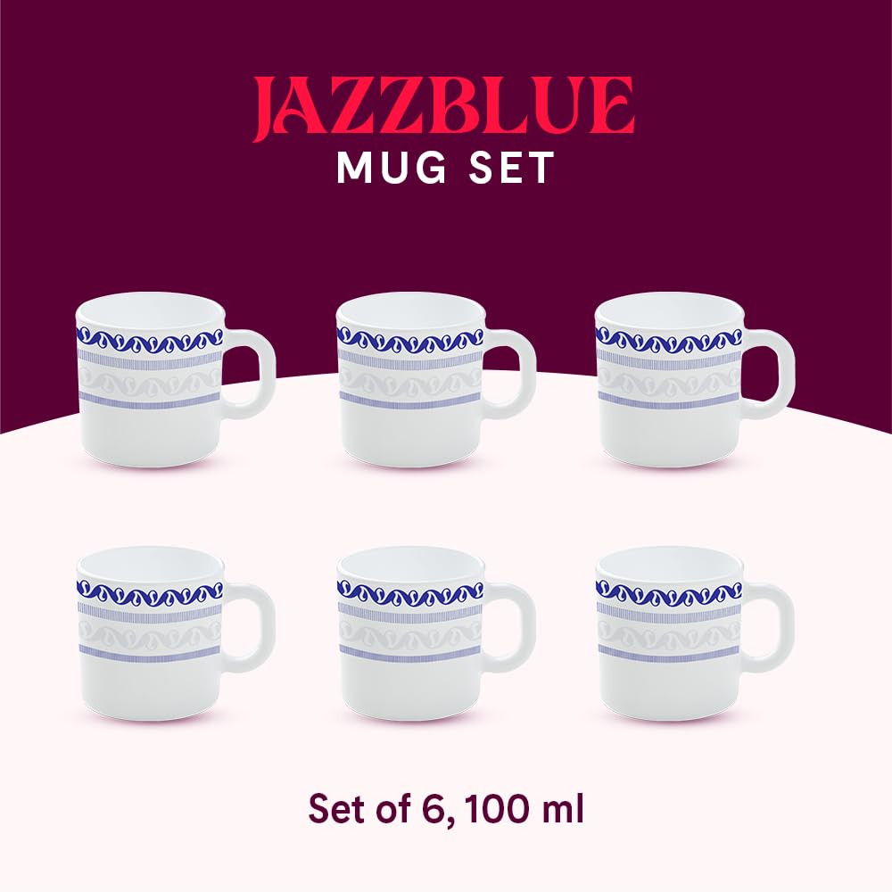 BOROSIL Larah Jazzblue Opalware Coffee Mug Set of 6 (100ml Each) - Microwave & Dishwasher Safe, Bone-Ash Free - Elegant White Tea Cups for Home, Office, Gifts & Daily Use
