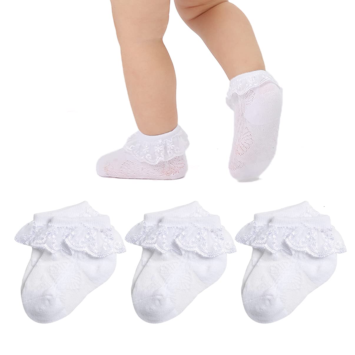 Adorable Baby Girl Lace Socks - Double Eyelet Lace Ruffle Frilly Socks for Newborns & Toddlers (3-Pack Gift Set) | Perfect for Special Occasions, Photo Shoots & Everyday Wear