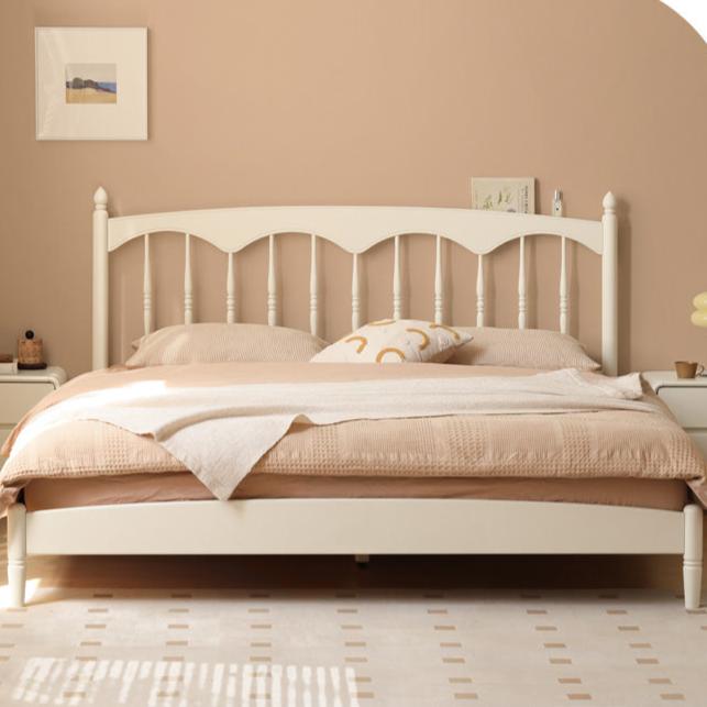 French Cream Style Poplar Solid Wood Bed - Elegant & Durable Bedroom Furniture for Master Bedroom, Guest Room, or Kids Room