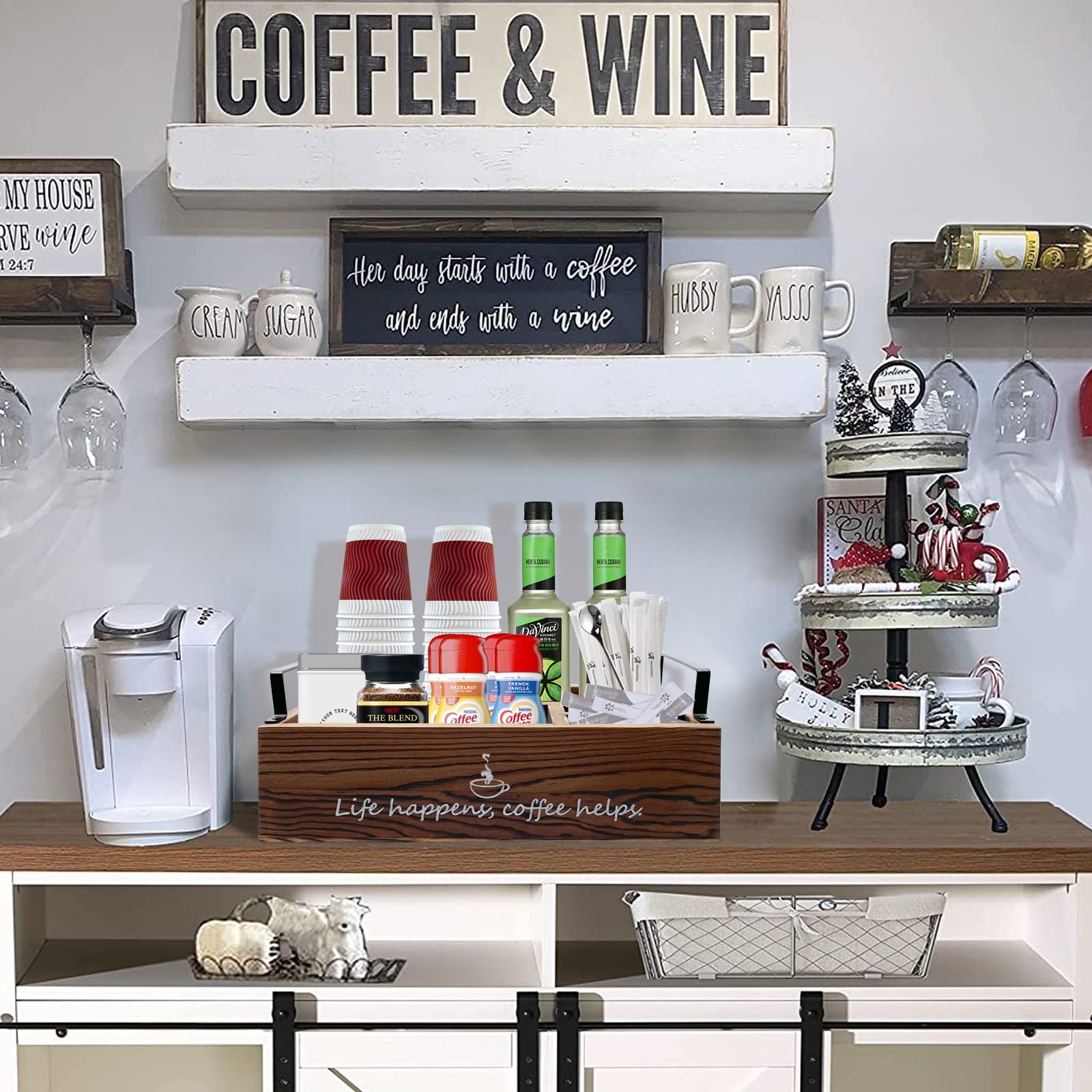 Farmhouse Coffee Station Organizer - Rustic Bar Decor with Handles, Keurig K-Cup Pods Holder, Creamer & Paper Cup Dispenser - Perfect for Kitchen Counter, Office Breakroom & Coffee Shop (Brown)