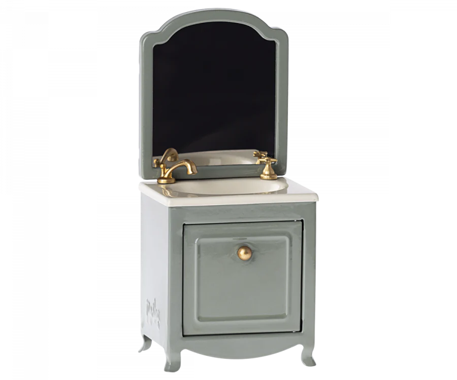 Maileg Dark Mint Mouse Sink Dresser with Mirror - Adorable Miniature Furniture for Dollhouse Decor & Kids Pretend Play