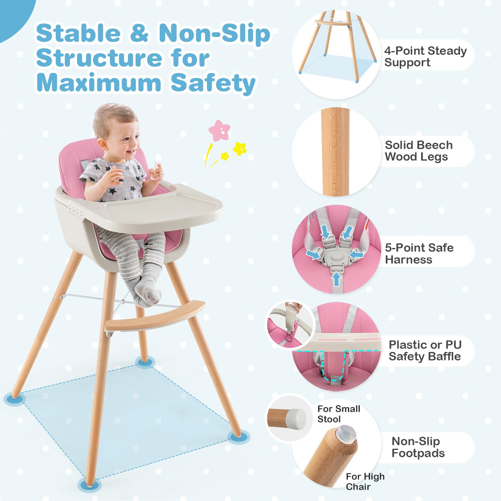 HONEY JOY 3-in-1 Wooden High Chair for Babies & Toddlers - Convertible Booster Seat with Removable Tray, 5-Point Safety Harness, PU Cushion & Adjustable Footrest - Perfect for Dining, Feeding & Learning (Pink)