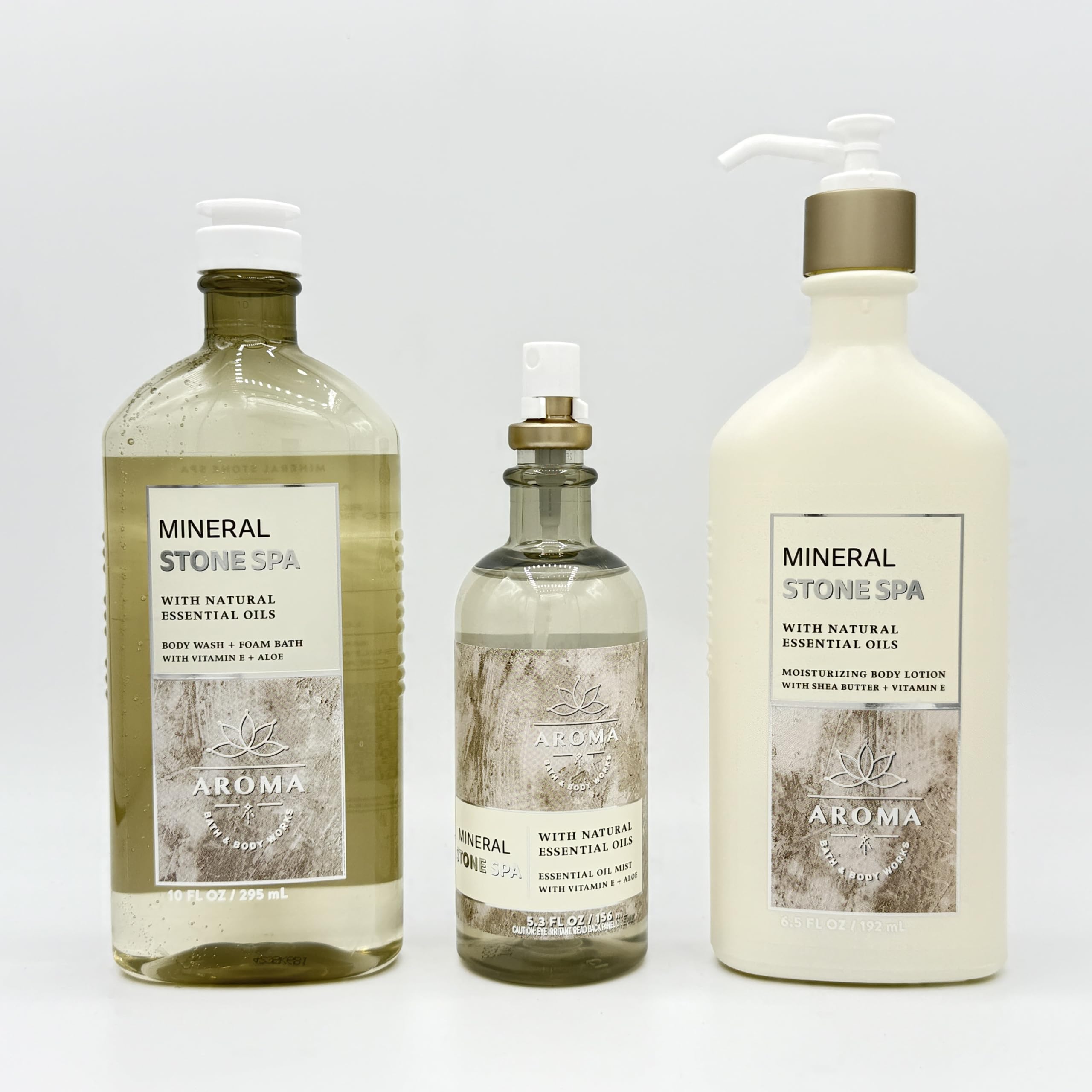Mineral Stone Spa Aroma Bath & Body Gift Set - 3 Piece Bundle with Body Wash, Essential Oil Mist & Hydrating Body Lotion | Relaxing Self Care & Spa Day at Home