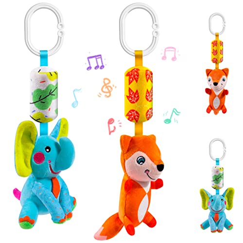 Feneya Soft Plush Hanging Rattle Toys for Babies 0-18 Months - Cute Cartoon Animal Stroller & Crib Toys with Gentle Sounds - Perfect Baby Shower Gift for Newborn Boys & Girls (Fox, Elephant) - Ideal for Car Seat, Stroller & Nursery Decor