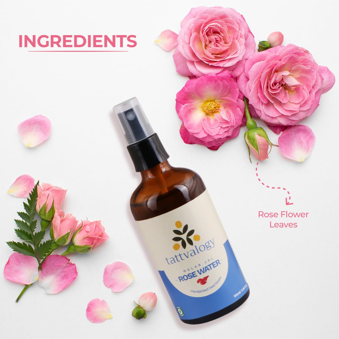Tattvalogy Pure Rose Water (Gulab Jal) - 100% Natural Hydro Distilled Facial Toner for Skin Cleansing & Hydration | Alcohol-Free, Fragrance-Free | Glass Bottle 100ml | Perfect for Daily Skincare, Makeup Removal & Soothing Irritated Skin