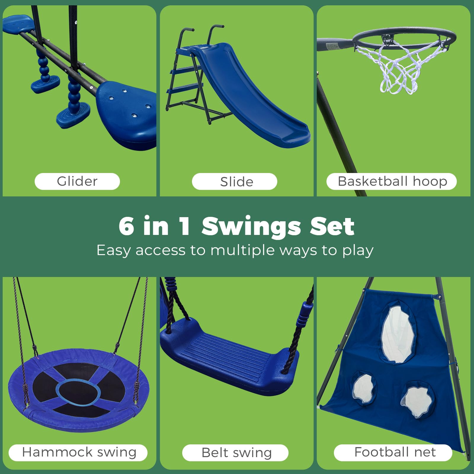 6-in-1 Outdoor Swing Set for Kids with Slide, 2 Swings, Basketball Hoop, Soccer Net & Glider - Backyard Playset for Fun Outdoor Activities | Perfect for Gardens, Parks & Playgrounds