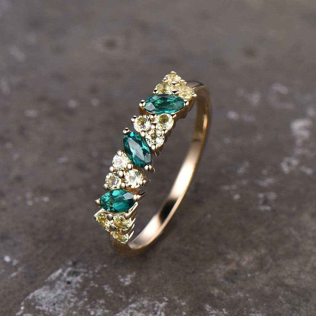 Stackable Marquise Emerald & Three Stone Peridot Wedding Ring - Promise Ring for Women, Dainty Everyday Band Jewelry (Perfect for Anniversaries, Engagements & Special Occasions)