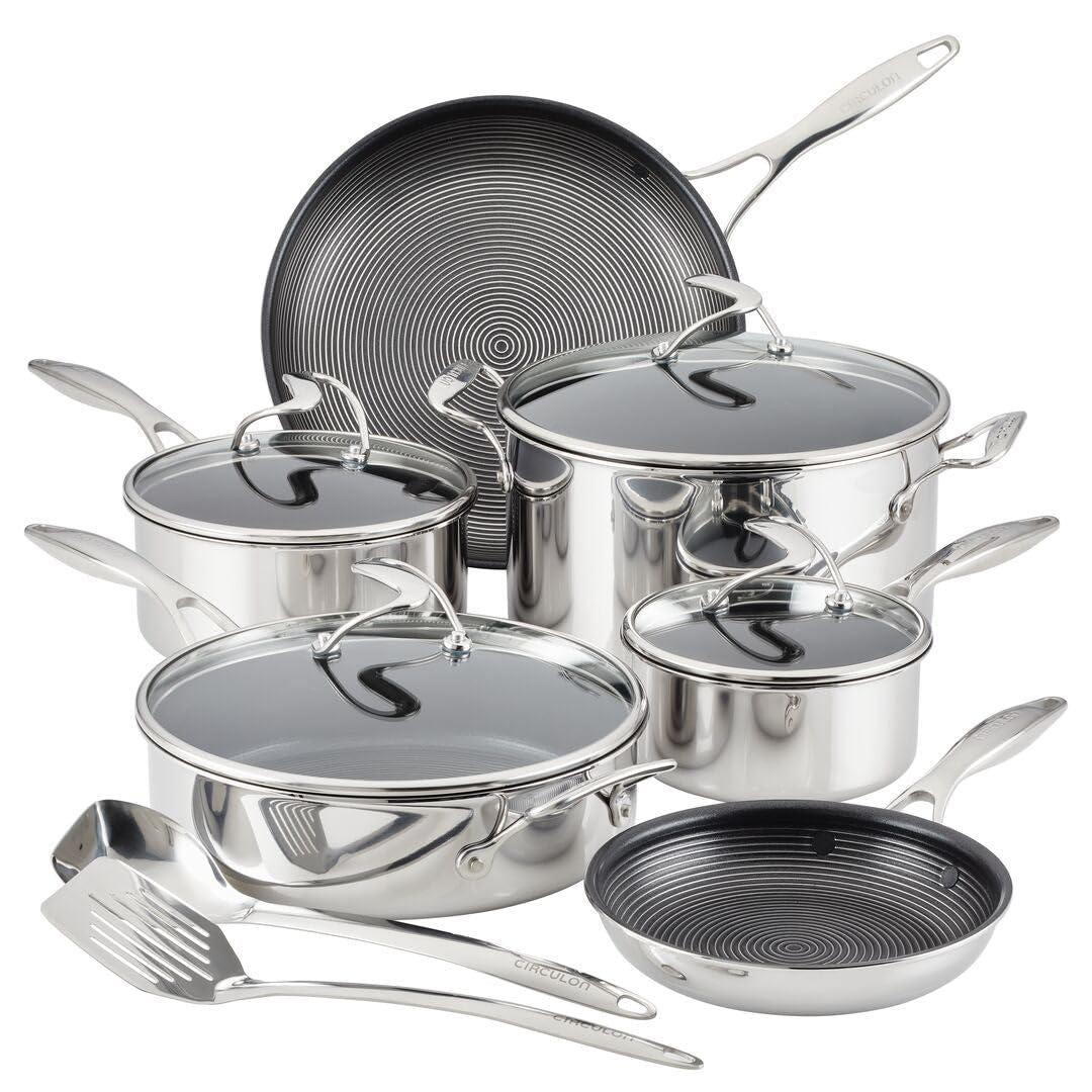 Circulon 12-Piece Stainless Steel Cookware Set with Hybrid SteelShield & Nonstick Technology - Pots, Pans & Utensils for Professional Cooking & Home Kitchens - Silver