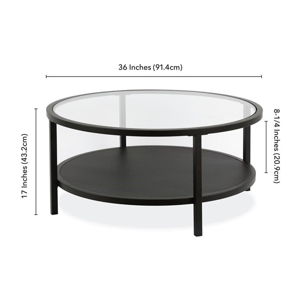 Black Metal Rectangular Mesh Shelf with Glass Top Coffee Table - Modern Living Room Furniture for Home Decor & Storage